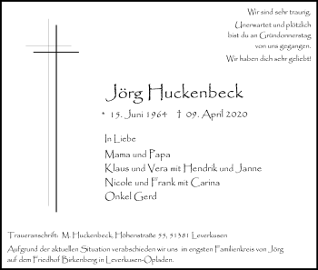 Anzeige von Jörg Huckenbeck von Kölner Stadt-Anzeiger / Kölnische Rundschau / Express