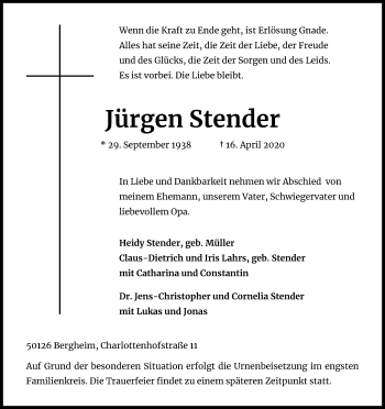 Anzeige von Jürgen Stender von Kölner Stadt-Anzeiger / Kölnische Rundschau / Express