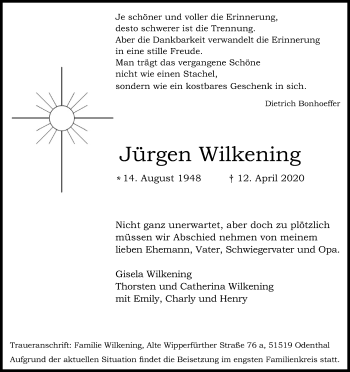 Anzeige von Jürgen Wilkening von Kölner Stadt-Anzeiger / Kölnische Rundschau / Express