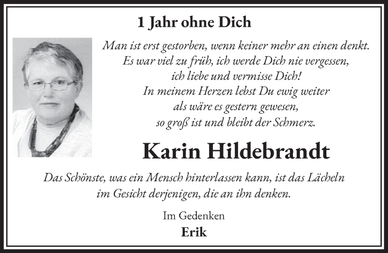  Traueranzeige für Karin Hildebrandt vom 18.07.2023 aus  Schlossbote/Werbekurier 