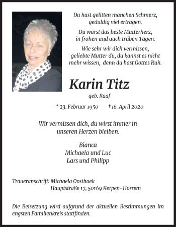 Anzeige von Karin Titz von Kölner Stadt-Anzeiger / Kölnische Rundschau / Express