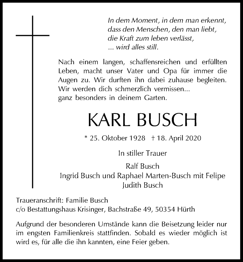  Traueranzeige für Karl Busch vom 25.04.2020 aus Kölner Stadt-Anzeiger / Kölnische Rundschau / Express