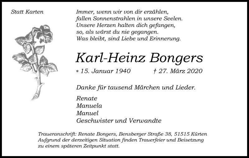  Traueranzeige für Karl-Heinz Bongers vom 04.04.2020 aus Kölner Stadt-Anzeiger / Kölnische Rundschau / Express
