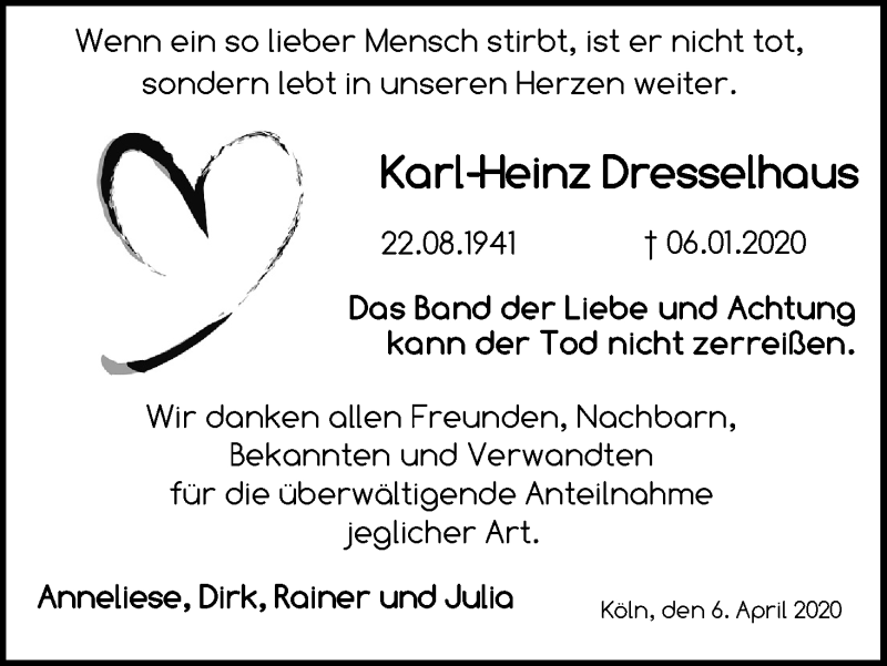  Traueranzeige für Karl-Heinz Dresselhaus vom 06.04.2020 aus Kölner Stadt-Anzeiger / Kölnische Rundschau / Express