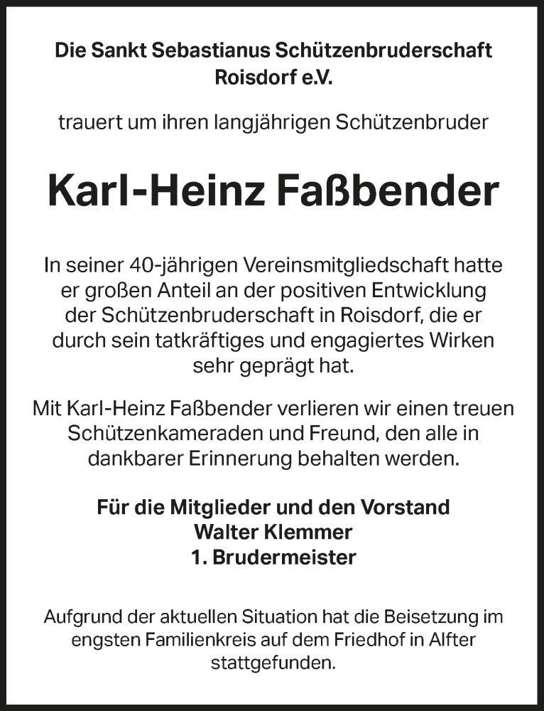  Traueranzeige für Karl-Heinz Faßbender vom 30.04.2020 aus  Schaufenster/Blickpunkt 