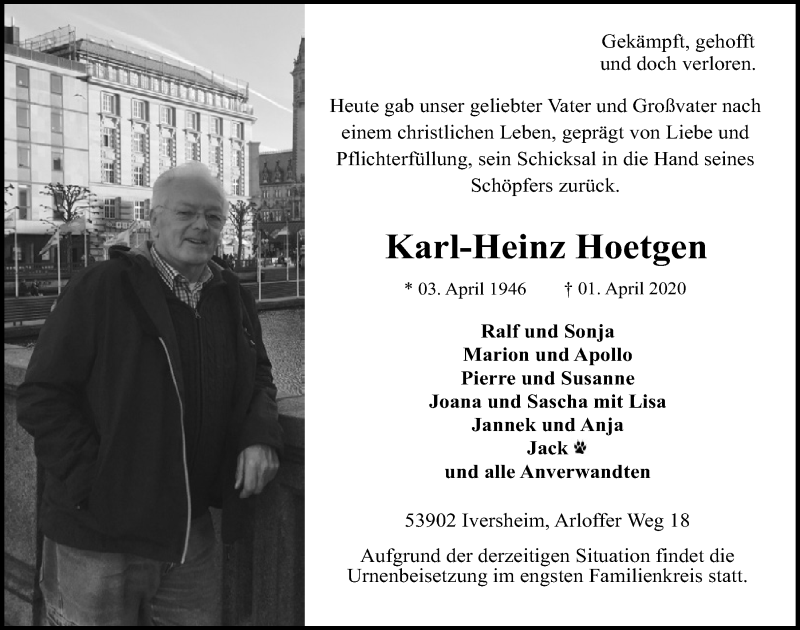  Traueranzeige für Karl-Heinz Hoetgen vom 04.04.2020 aus  Blickpunkt Euskirchen 