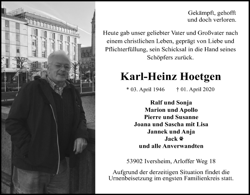  Traueranzeige für Karl-Heinz Hoetgen vom 04.04.2020 aus Kölner Stadt-Anzeiger / Kölnische Rundschau / Express