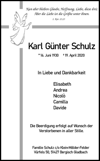 Anzeige von Karl Günter Schulz von Kölner Stadt-Anzeiger / Kölnische Rundschau / Express