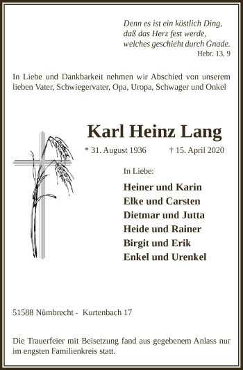 Anzeige von Karl Heinz Lang von  Lokalanzeiger 