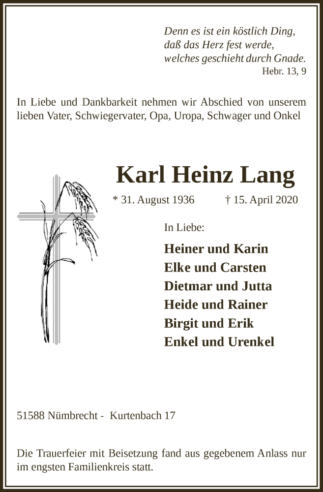  Traueranzeige für Karl Heinz Lang vom 24.04.2020 aus  Lokalanzeiger 