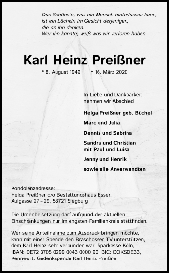 Anzeige von Karl Heinz Preißner von Kölner Stadt-Anzeiger / Kölnische Rundschau / Express