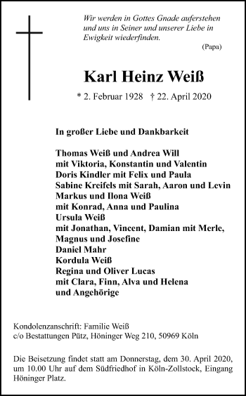Anzeige von Karl Heinz Weiß von Kölner Stadt-Anzeiger / Kölnische Rundschau / Express