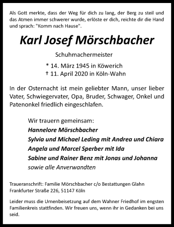 Anzeige von Karl Josef Mörschbacher von  Kölner Wochenspiegel 
