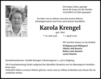 Anzeige von Karola Krengel von Kölner Stadt-Anzeiger / Kölnische Rundschau / Express