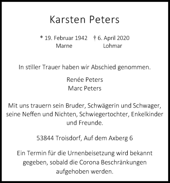 Anzeige von Karsten Peters von Kölner Stadt-Anzeiger / Kölnische Rundschau / Express