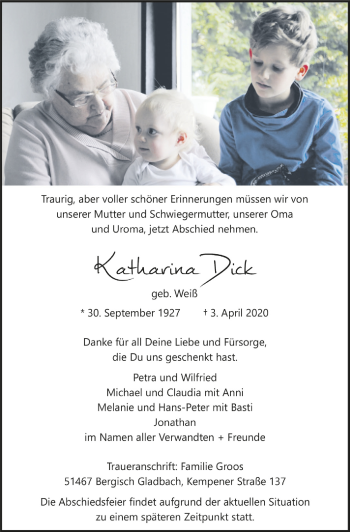 Anzeige von Katharina Dick von  Bergisches Handelsblatt 