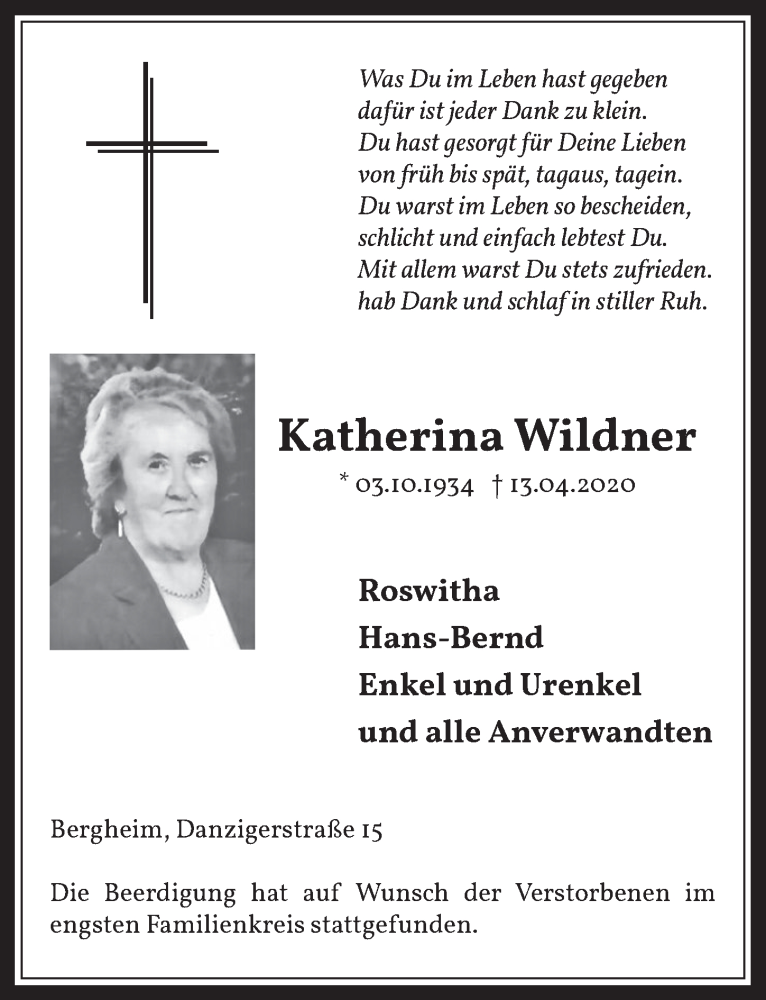  Traueranzeige für Katherina Wildner vom 30.04.2020 aus  Werbepost 
