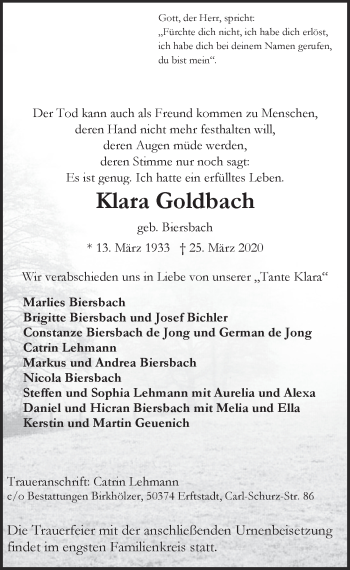 Anzeige von Klara Goldbach von  Blickpunkt Euskirchen 