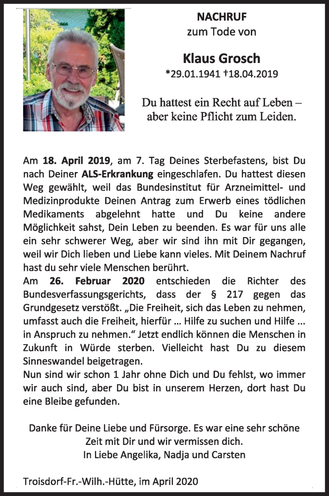  Traueranzeige für Klaus Grosch vom 18.04.2020 aus Kölner Stadt-Anzeiger / Kölnische Rundschau / Express