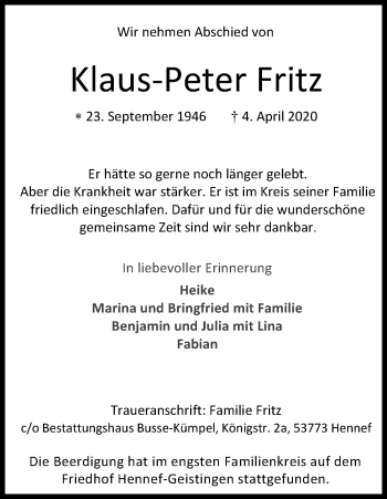 Anzeige von Klaus-Peter Fritz von Kölner Stadt-Anzeiger / Kölnische Rundschau / Express