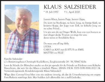 Anzeige von Klaus Salzsieder von Kölner Stadt-Anzeiger / Kölnische Rundschau / Express