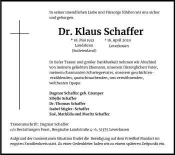Anzeige von Klaus Schaffer von Kölner Stadt-Anzeiger / Kölnische Rundschau / Express