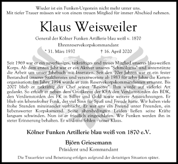 Anzeige von Klaus Weisweiler von Kölner Stadt-Anzeiger / Kölnische Rundschau / Express