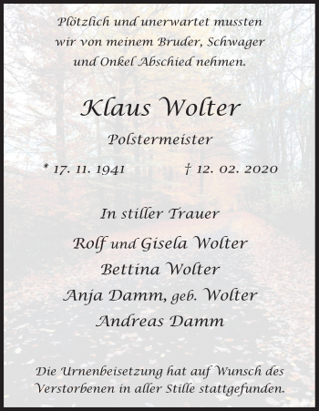 Anzeige von Klaus Wolter von Kölner Stadt-Anzeiger / Kölnische Rundschau / Express