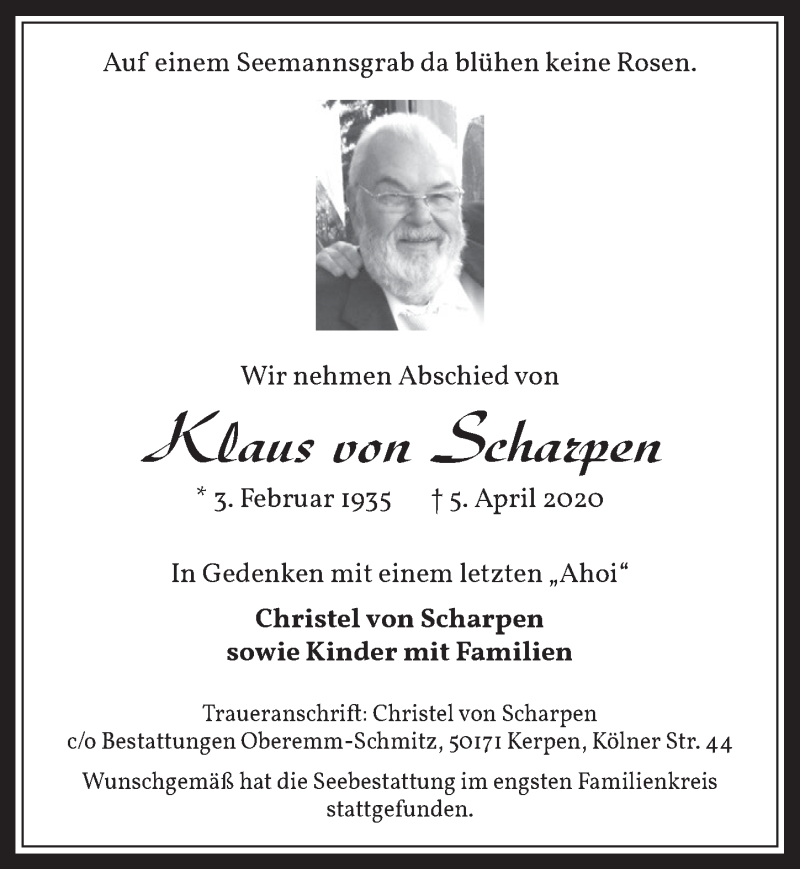  Traueranzeige für Klaus von Scharpen vom 17.04.2020 aus  Werbepost 