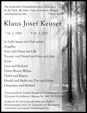 Anzeige von Klaus Josef Keuser von Kölner Stadt-Anzeiger / Kölnische Rundschau / Express