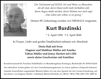 Anzeige von Kurt Burdinski von Kölner Stadt-Anzeiger / Kölnische Rundschau / Express