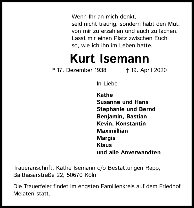  Traueranzeige für Kurt Isemann vom 25.04.2020 aus Kölner Stadt-Anzeiger / Kölnische Rundschau / Express