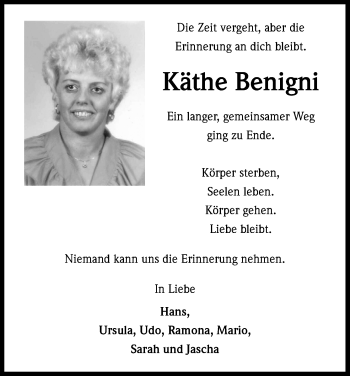 Anzeige von Käthe Benigni von Kölner Stadt-Anzeiger / Kölnische Rundschau / Express