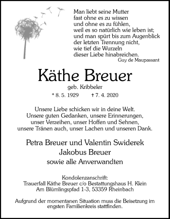 Anzeige von Käthe Breuer von Kölner Stadt-Anzeiger / Kölnische Rundschau / Express