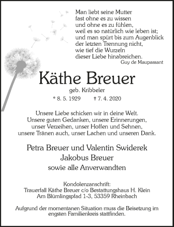 Anzeige von Käthe Breuer von  Schaufenster/Blickpunkt 