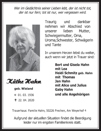 Anzeige von Käthe Hahn von  Wochenende 