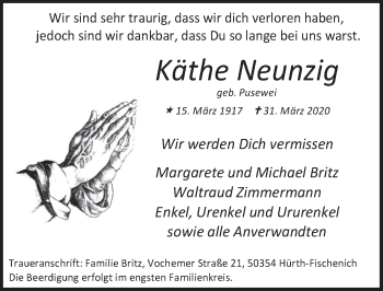Anzeige von Käthe Neunzig von  Wochenende 