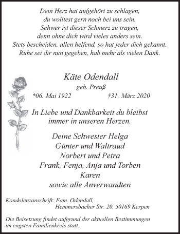 Anzeige von Käthe Odendall von  Werbepost 