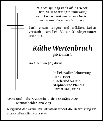 Anzeige von Käthe Wertenbruch von Kölner Stadt-Anzeiger / Kölnische Rundschau / Express
