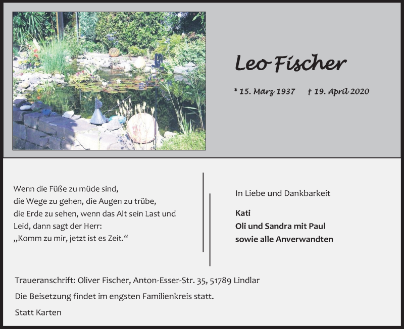  Traueranzeige für Leo Fischer vom 22.04.2020 aus Kölner Stadt-Anzeiger / Kölnische Rundschau / Express