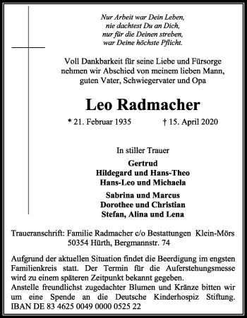 Anzeige von Leo Radmacher von Kölner Stadt-Anzeiger / Kölnische Rundschau / Express