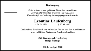 Anzeige von Leontine Laufenberg von Kölner Stadt-Anzeiger / Kölnische Rundschau / Express