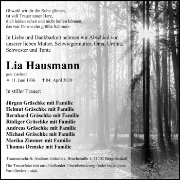 Anzeige von Lia Hausmann von  Anzeigen Echo 