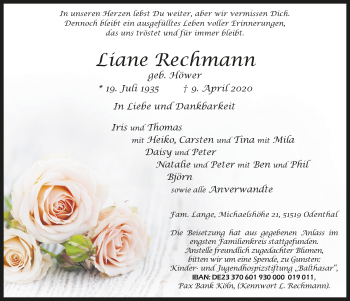 Anzeige von Liane Rechmann von  Bergisches Handelsblatt 
