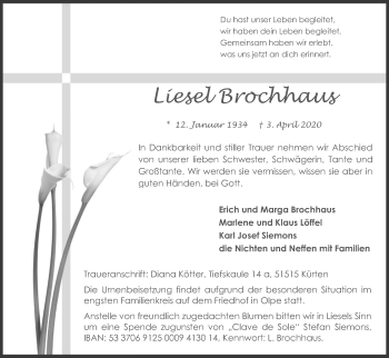 Anzeige von Liesel Brochhaus von Kölner Stadt-Anzeiger / Kölnische Rundschau / Express