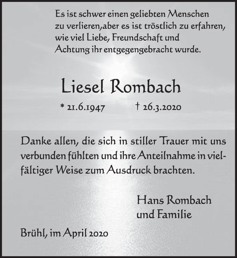  Traueranzeige für Liesel Rombach vom 24.04.2020 aus  Schlossbote/Werbekurier 