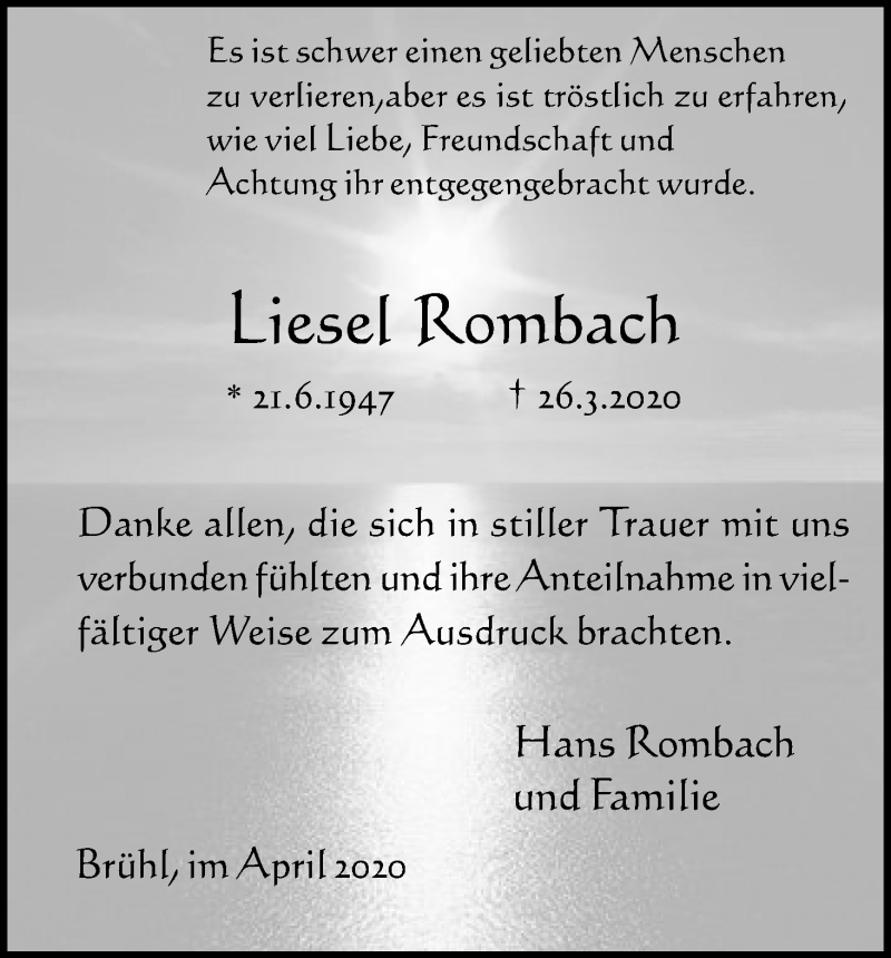  Traueranzeige für Liesel Rombach vom 29.04.2020 aus Kölner Stadt-Anzeiger / Kölnische Rundschau / Express
