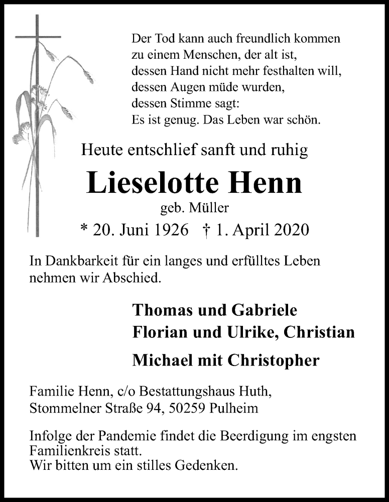  Traueranzeige für Lieselotte Henn vom 04.04.2020 aus Kölner Stadt-Anzeiger / Kölnische Rundschau / Express