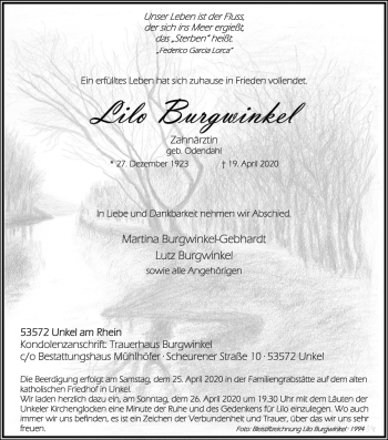 Anzeige von Lilo Burgwinkel von Kölner Stadt-Anzeiger / Kölnische Rundschau / Express