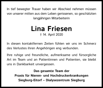Anzeige von Lina Friesen von Kölner Stadt-Anzeiger / Kölnische Rundschau / Express